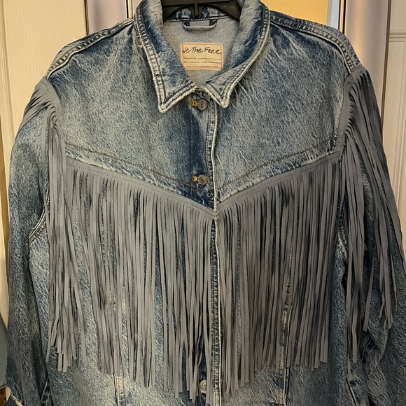 Free People We the Free after hours Fringe Denim Tucker Jacket Large - Picture 3 of 9